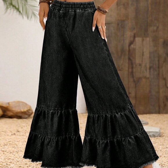 Dark Grey Boho Women's Ruffled Hem Loose Elastic Waist Wide Leg Jeans - Picture 2 of 5